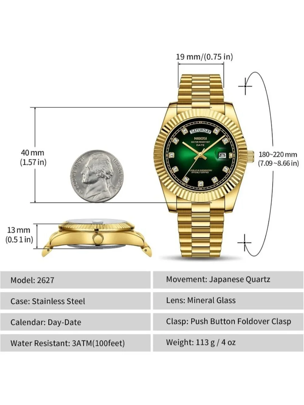Nibosi Men's Gold Analog Quartz Stainless Green Face Waterproof Desiger Watch